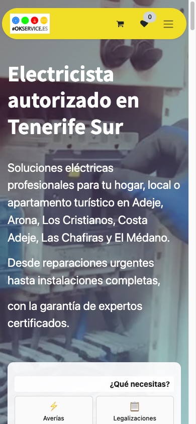 Web de OKService en el movil: presupuesto de electricista en Tenerife Sur